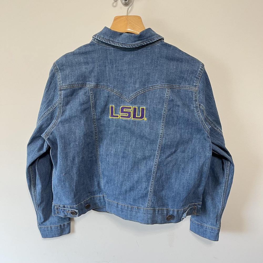 LSU Tigers Jacket Womens 2XL Blue Denim NCAA Football Wrangler Retro Embroidered - Picture 2 of 5